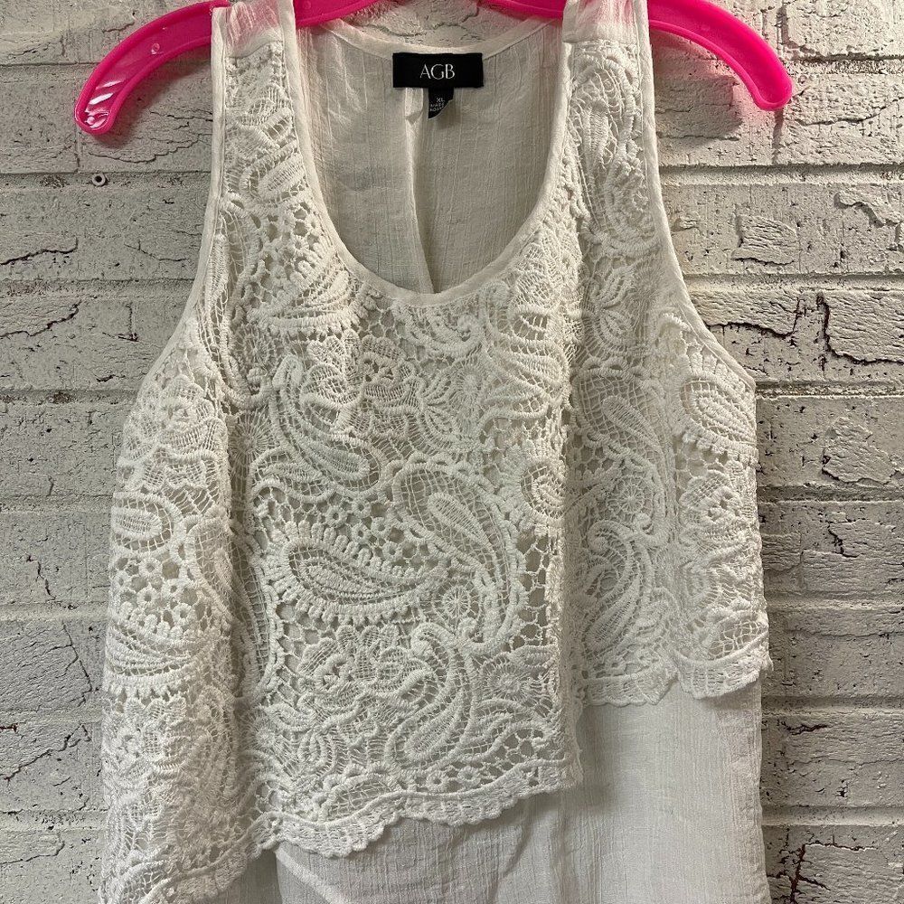 AGB Sleeveless White Tank Top with Crochet Embroidered Detail Asymmetrical XL